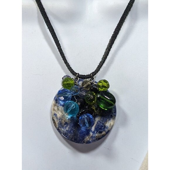 Whimsical Handmade Lapis Lazuli Ring Disc Pendant With Beaded Charm Accents - Picture 4 of 5